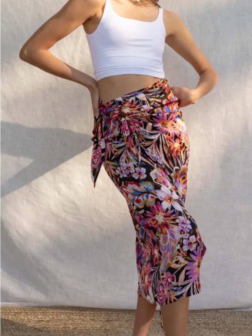 Floral Wrap Skirt in Black with Pink & Blue Blooms